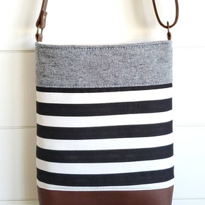 Crossbody Bag, Leather Crossbody Bag, Handbag, Purse, Shoulder Bag, Black and White Stripes, Denim, Neutral, Women's image 4