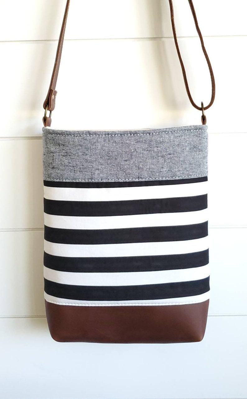 Crossbody Bag, Leather Crossbody Bag, Handbag, Purse, Shoulder Bag, Black and White Stripes, Denim, Neutral, Women's image 4