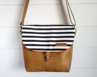 Leder Crossbody Messenger Bag, Schwarz-weiß gestreift, Damen Umhängetasche