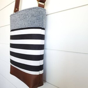 Crossbody Bag, Leather Crossbody Bag, Handbag, Purse, Shoulder Bag, Black and White Stripes, Denim, Neutral, Women's image 3