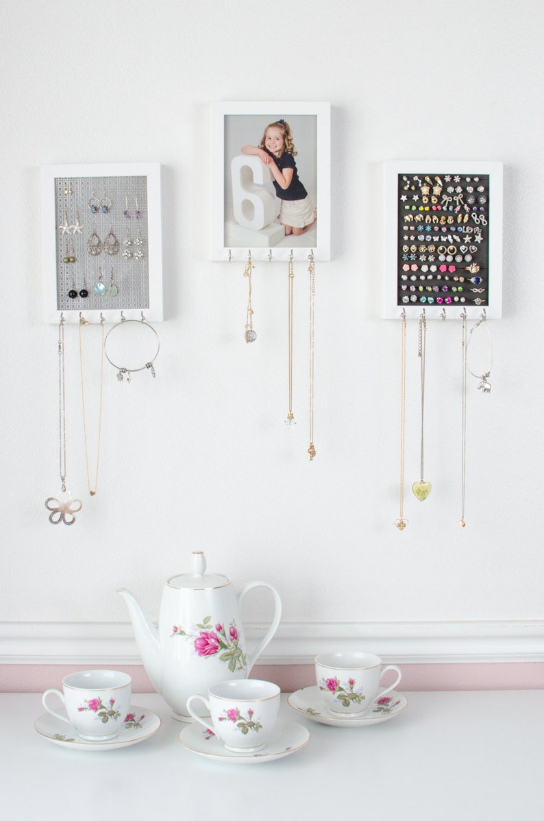 Hook Earring /& Necklace Organizer White Frame Dangle Earring Organizer Gift for Her Earring Display Necklace Holder Metal Screen