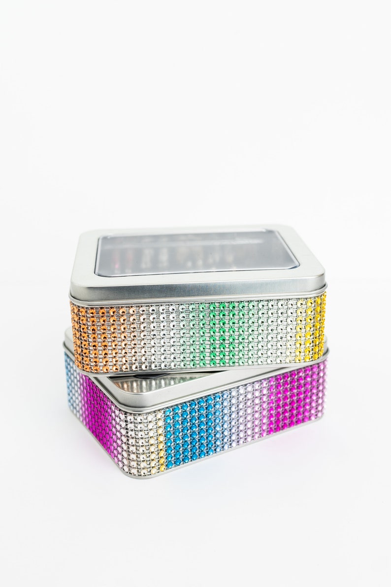 Tin Jewelry Box Rainbow Jeweled Ribbon Earring Holder Etsy