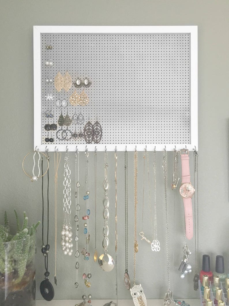 Hanging Jewelry Organizer 13x17 White Frame Silver Metal Etsy