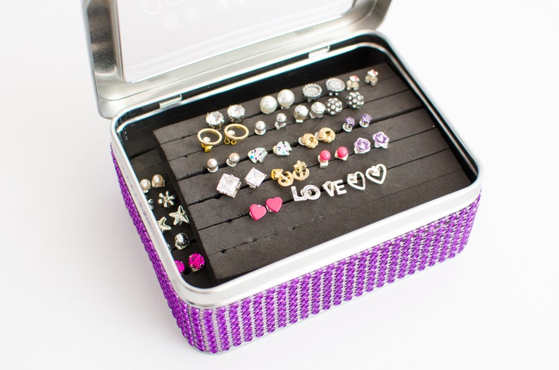 Travel Tin Box Earring Display Dangle Earring Organizer Gift for Her Birthday Gift Tin Jewelry Box Purple Jeweled Ribbon