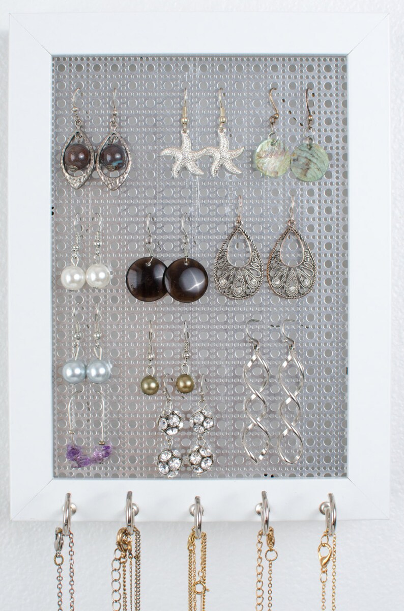Hook Earring /& Necklace Organizer White Frame Dangle Earring Organizer Gift for Her Earring Display Necklace Holder Metal Screen