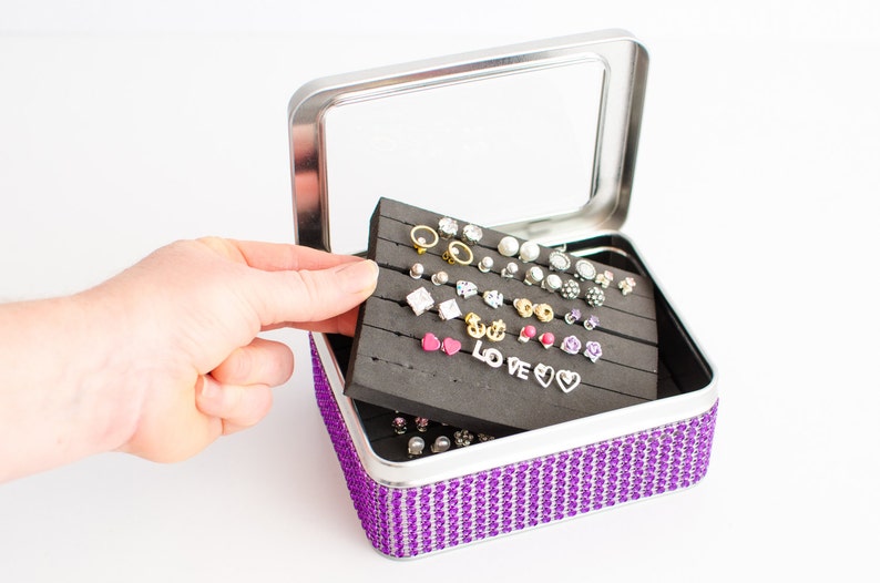Travel Tin Box Earring Display Dangle Earring Organizer Gift for Her Birthday Gift Tin Jewelry Box Purple Jeweled Ribbon
