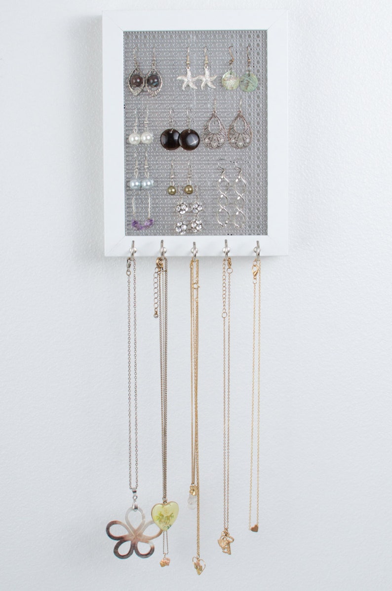 Hook Earring /& Necklace Organizer White Frame Dangle Earring Organizer Gift for Her Earring Display Necklace Holder Metal Screen