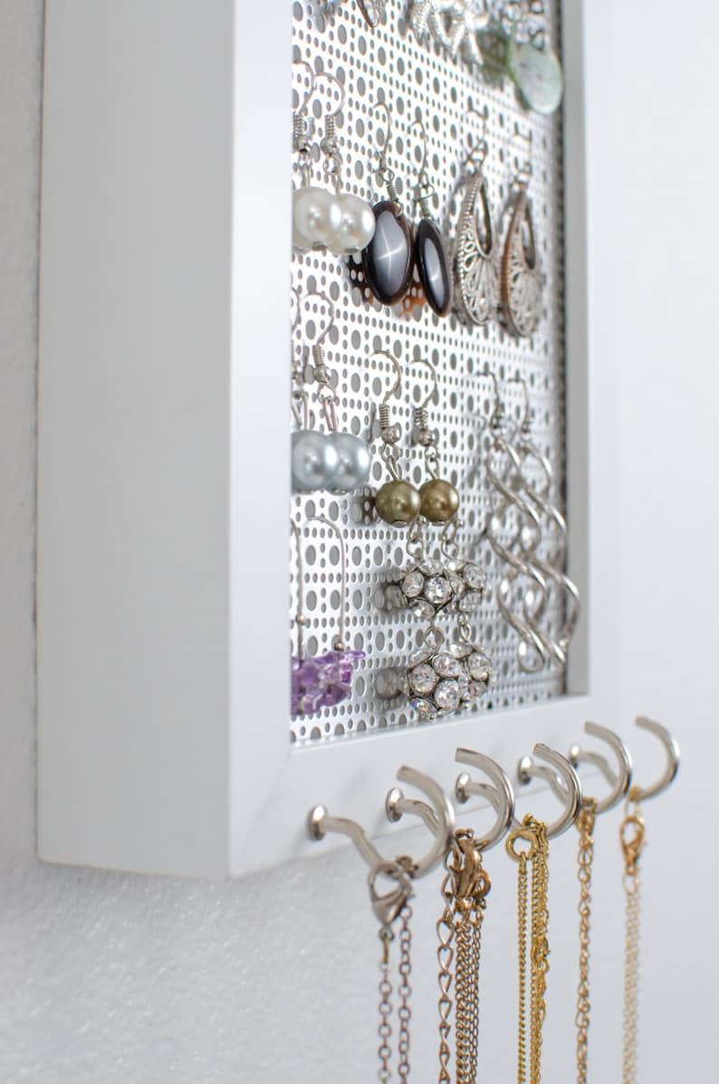 Hook Earring /& Necklace Organizer White Frame Dangle Earring Organizer Gift for Her Earring Display Necklace Holder Metal Screen