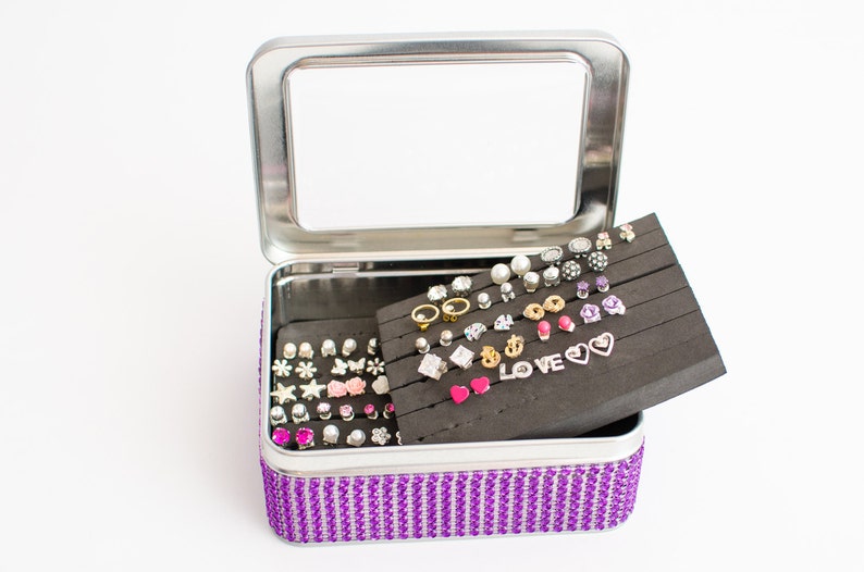 Travel Tin Box Earring Display Dangle Earring Organizer Gift for Her Birthday Gift Tin Jewelry Box Purple Jeweled Ribbon