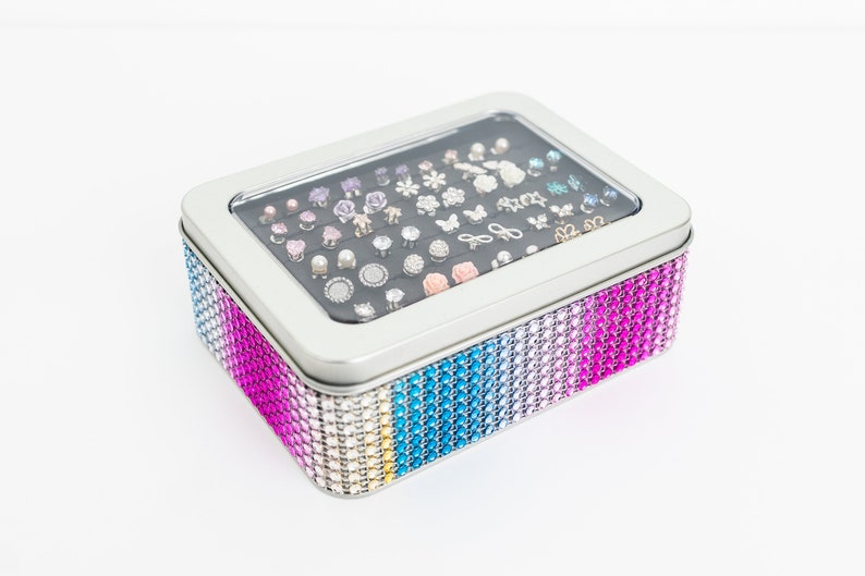 Tin Jewelry Box Rainbow Jeweled Ribbon Earring Holder Etsy