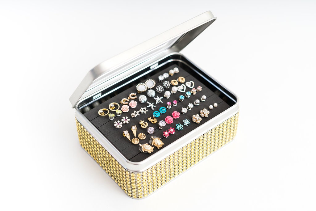 Tin Jewelry Box Gold Dazzled Ribbon Travel Jewelry Holder Etsy