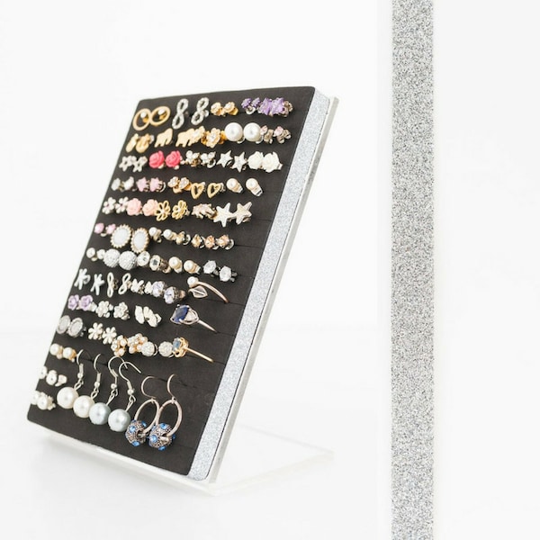 Earring Holder, Silver Glitter Ribbon- Stud Earring Organizer, Earring Display,  Gift for Her, Dangle Earring Organizer,