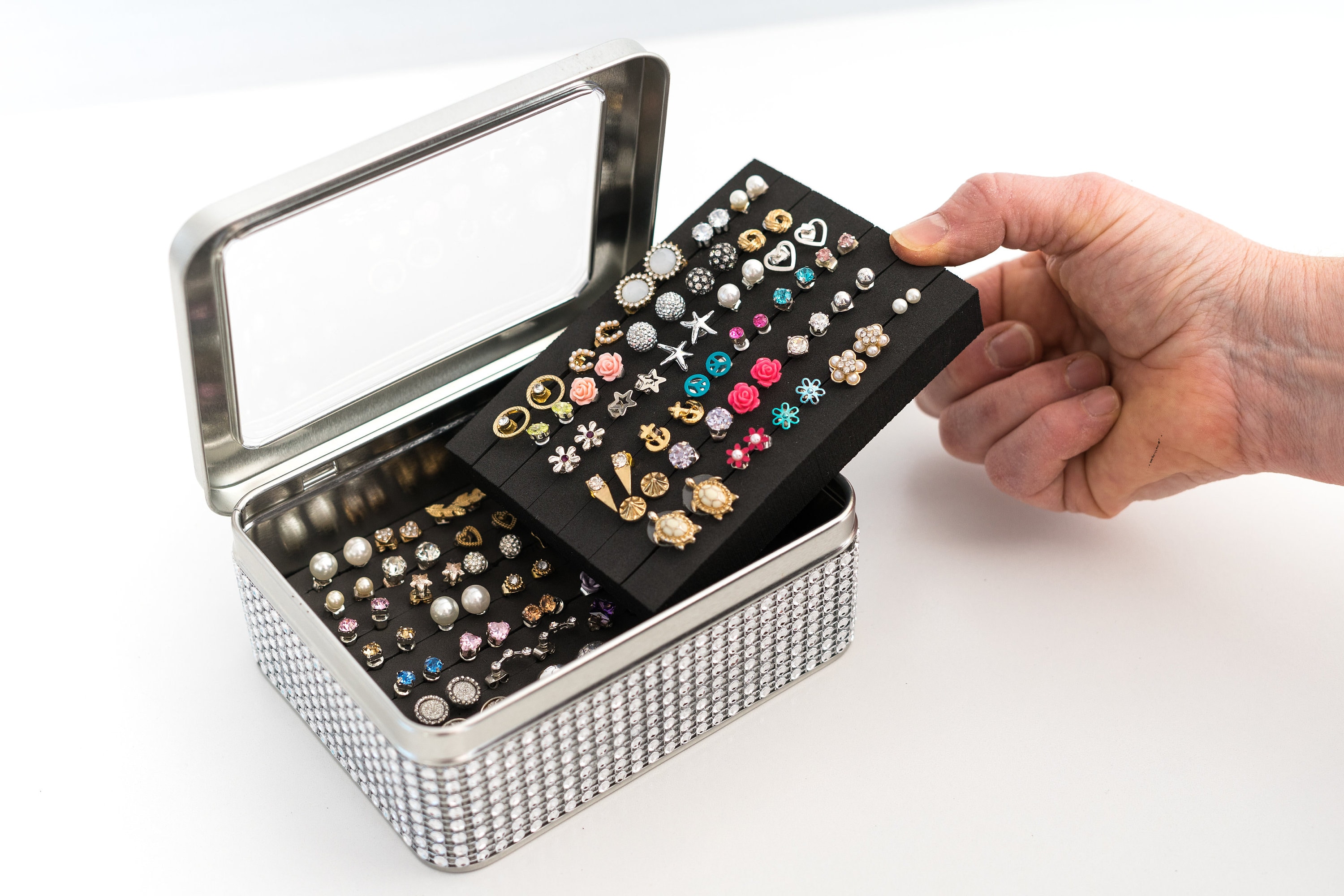 Tin Jewelry Box Silver Dazzled Ribbon Extra Insert Travel Earring Tin