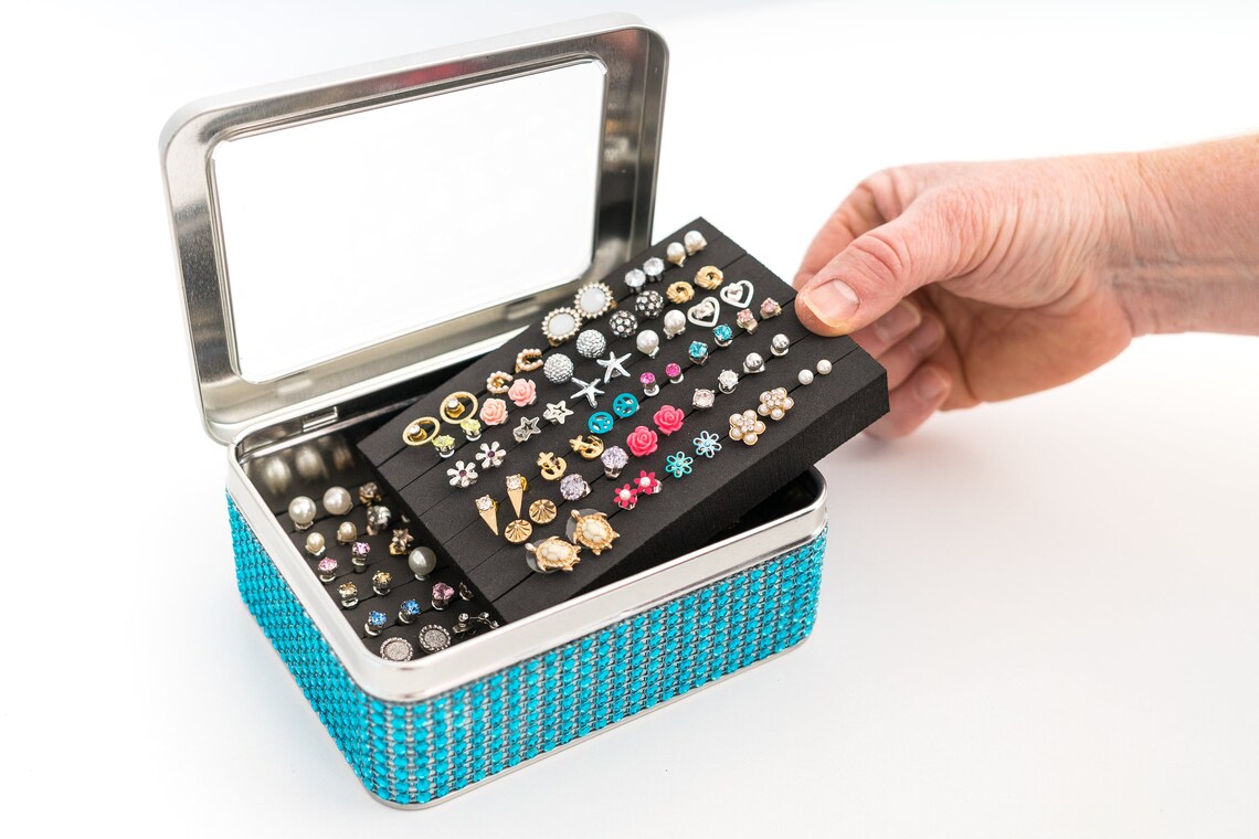 Tin Jewelry Box Turquoise Blue Jeweled Ribbon Travel Stud Etsy