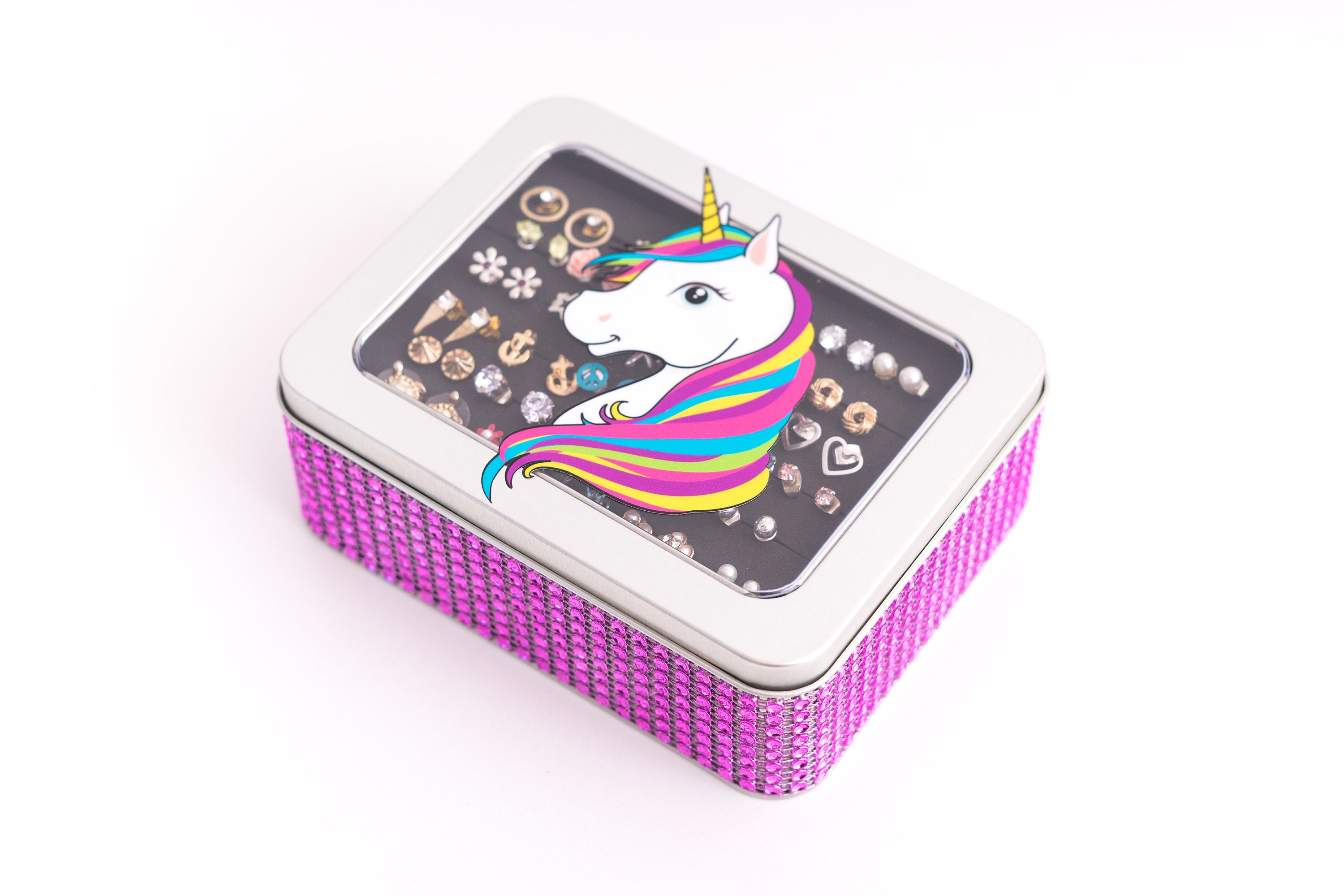 Unicorn Tin Jewelry Box - HOT PINK Jeweled Ribbon, Earring Holder, Gi…
