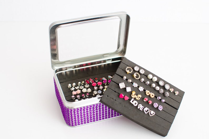 Travel Tin Box Earring Display Dangle Earring Organizer Gift for Her Birthday Gift Tin Jewelry Box Purple Jeweled Ribbon