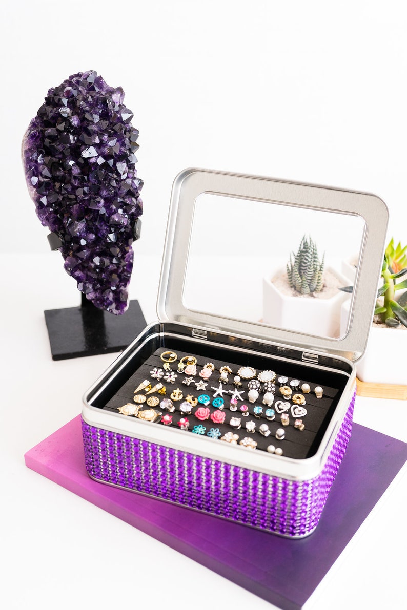 Travel Tin Box Earring Display Dangle Earring Organizer Gift for Her Birthday Gift Tin Jewelry Box Purple Jeweled Ribbon