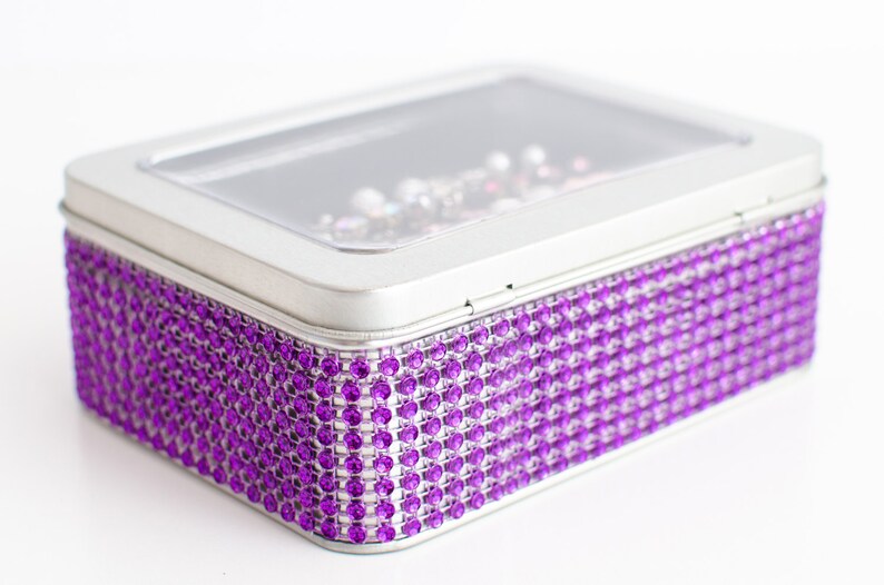 Travel Tin Box Earring Display Dangle Earring Organizer Gift for Her Birthday Gift Tin Jewelry Box Purple Jeweled Ribbon