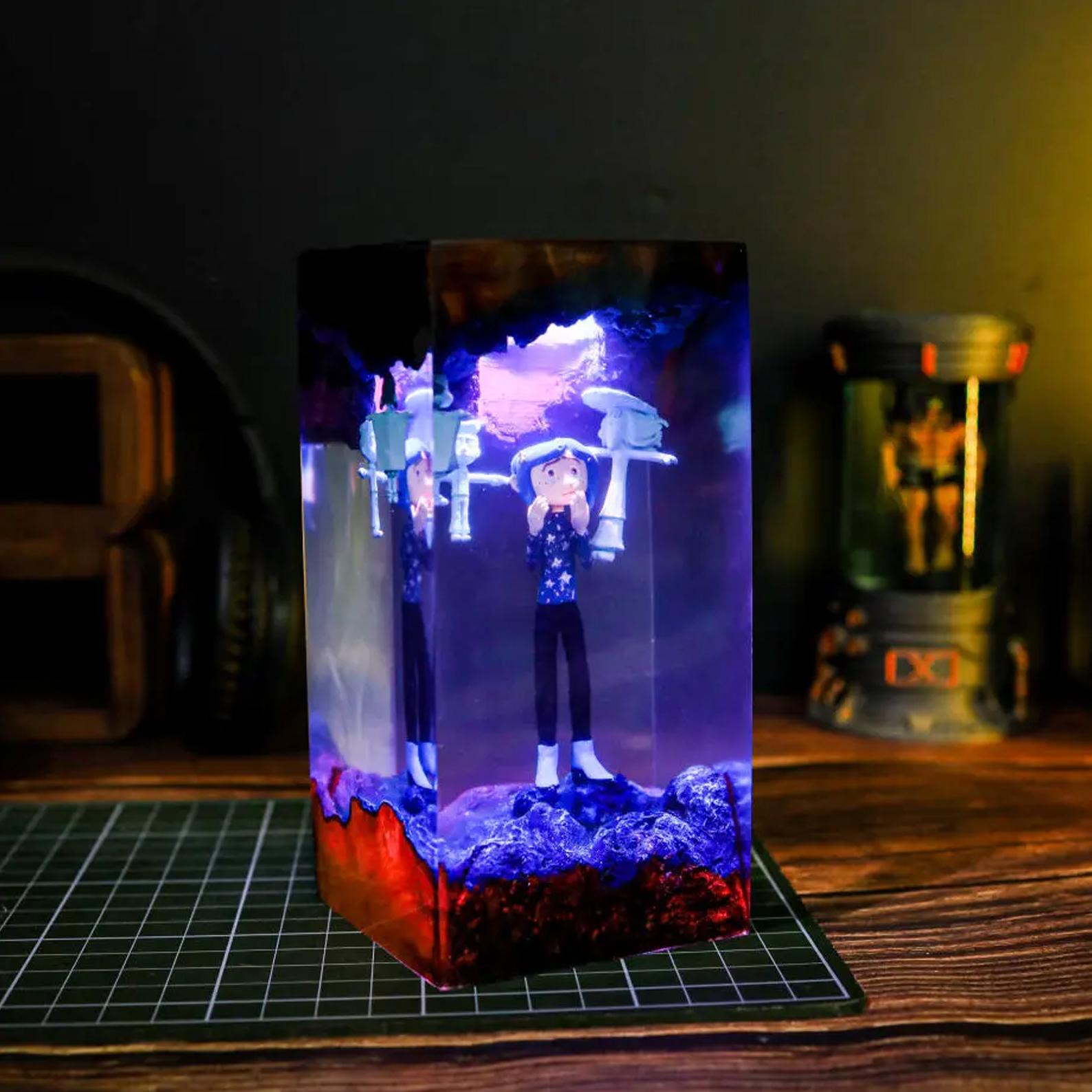 Coraline Epoxy resin wood lamp, Gaming Decor, Gift for her, christmas gift, diorama, video game