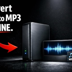 Puede incluir: Imagen que promociona la conversión sin conexión de MP4 a MP3. El texto "Convertir MP4 a MP3 SIN CONEXIÓN" se muestra con una flecha roja. Se presenta un dispositivo negro con una pantalla que muestra una onda de sonido y un icono MP3.