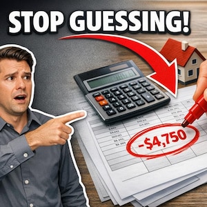 Puede incluir: Imagen con el texto "STOP GUESSING!". Un hombre señala una calculadora y documentos financieros. Una flecha roja apunta a una cantidad negativa circulada de -4.750 €. Una casa en miniatura está en el fondo.