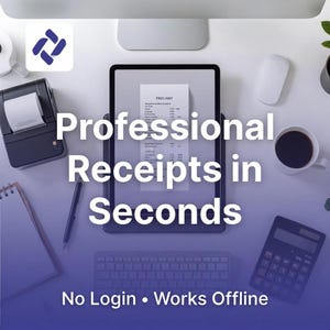 Könnte beinhalten: Draufsicht auf einen Arbeitsplatz mit einem Tablet, das einen Beleg anzeigt, einem Belegdrucker, einer Tastatur und einem Taschenrechner. Der Text "Professional Receipts in Seconds" ist über dem Bild eingeblendet, zusammen mit "No Login • Works Offline".