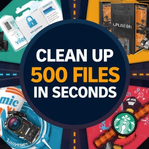 May include: A promotional graphic with a dark blue circular background featuring the text "CLEAN UP 500 FILES IN SECONDS" in white and orange. The image includes various product shots and logos, including a Starbucks logo and a camera.