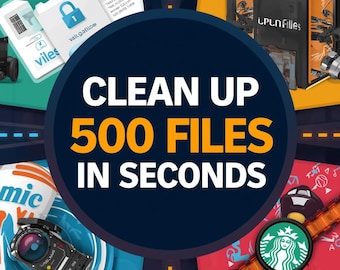 May include: A promotional graphic with a dark blue circular background featuring the text "CLEAN UP 500 FILES IN SECONDS" in white and orange. The image includes various product shots and logos, including a Starbucks logo and a camera.