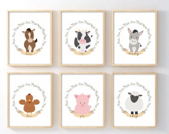 Bauernhof Kinderzimmer Wand Kunst Set von 6, Barnyard Drucke für Babyzimmer, Pferd Kuh Schwein Schaf Henne Esel, Gender Neutral-Babypartygeschenk