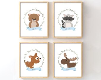 Woodland Nursery Wall Art Set of 4, Bear Deer Moose Raccoon Forest Prints for Baby Boy Room, Rustic Nursery Decor, Baby Shower Gift