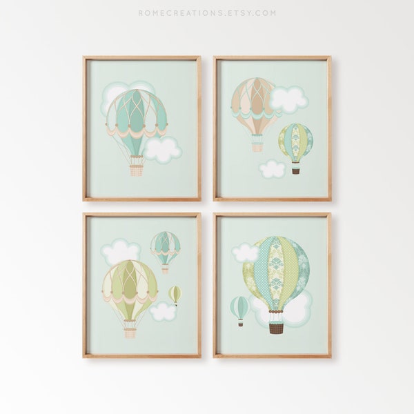 Juego de 4 láminas decorativas de globos aerostáticos para la habitación del bebé, láminas de viajes vintage para la habitación del niño, decoración de aventura para la habitación del bebé, regalo para baby shower.