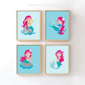 Mermaid Nursery Wall Art Set of 4, Under the Sea Prints for Baby Girl, Ocean Theme Decor, Princess Mermaid Room Art, Girls Nursery Gift