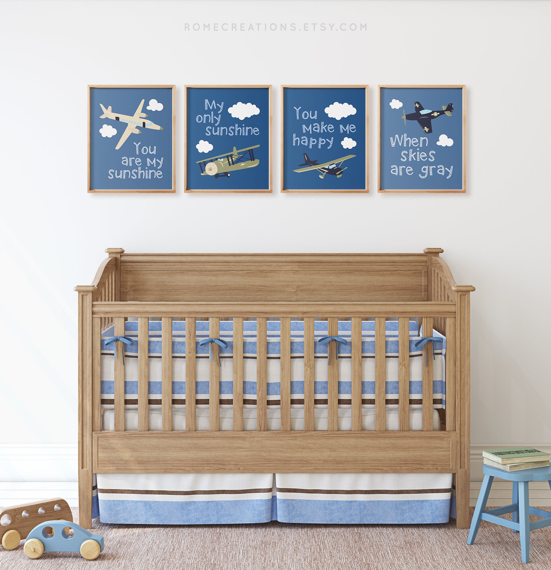 Airplane Nursery Wall Art – Set of 4 Blue Aviation Prints, Adventure ...