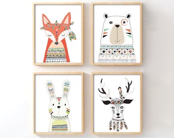 Boho Tribal Woodland Nursery Wall Art Set of 4, Forest Animal Prints with Feathers, Fox Bear Bunny Deer, Gender Neutral Baby Shower Gift