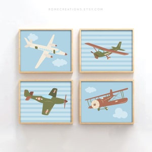 Set of 4 Airplane Nursery Prints, Aviation Wall Art for Boys Room, Vintage Plane Decor, Kids Pilot Room Art, Aircraft Nursery Print Set