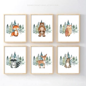 Woodland Nursery Prints – Set of 6 Watercolor Forest Animal Wall Art, Rustic Nursery Decor for Boys Room, Woodland Animal Baby Art