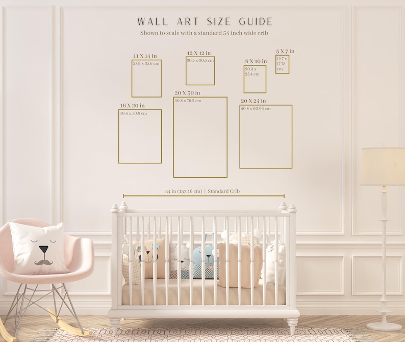 Size guide for woodland nursery wall art set of 4 — 5x7, 8x10 and 11x14 inch options next to crib