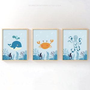 Under the Sea Nursery Prints Set of 3 – Ocean Animal Wall Art for Baby Room, Nautical Decor for Boys or Girls, Sea Life Theme Gift