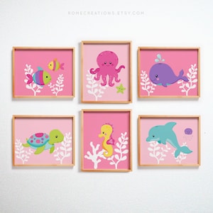 Under the Sea Nursery Prints, Pink Ocean Animal Wall Art for Girls, Set of 6 Sea Creatures, Nautical Baby Room Decor, Kids Ocean Art