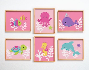 Under the Sea Nursery Wall Art Set of 6, Pink Ocean Animal Prints for Baby Girl Room, Sea Creature Decor, Baby Shower Gift