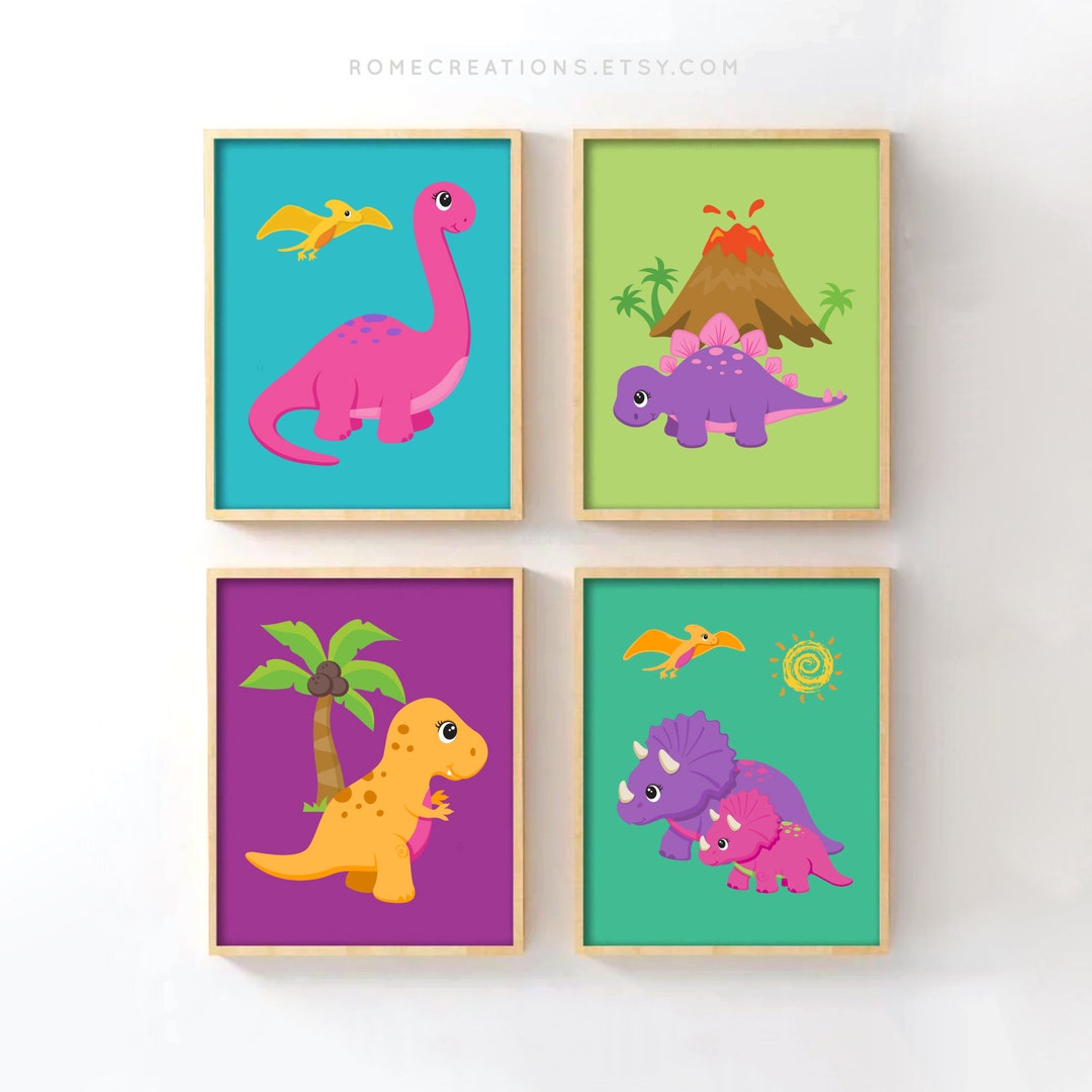 Colorful Dinosaur Nursery Wall Art for Girls – Set of 4 Baby Room ...