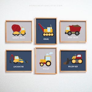 Set of 6 Construction Truck Prints, Boys Room Wall Art, Nursery Decor with Digger, Bulldozer & Dump Truck, Playroom Vehicle Posters