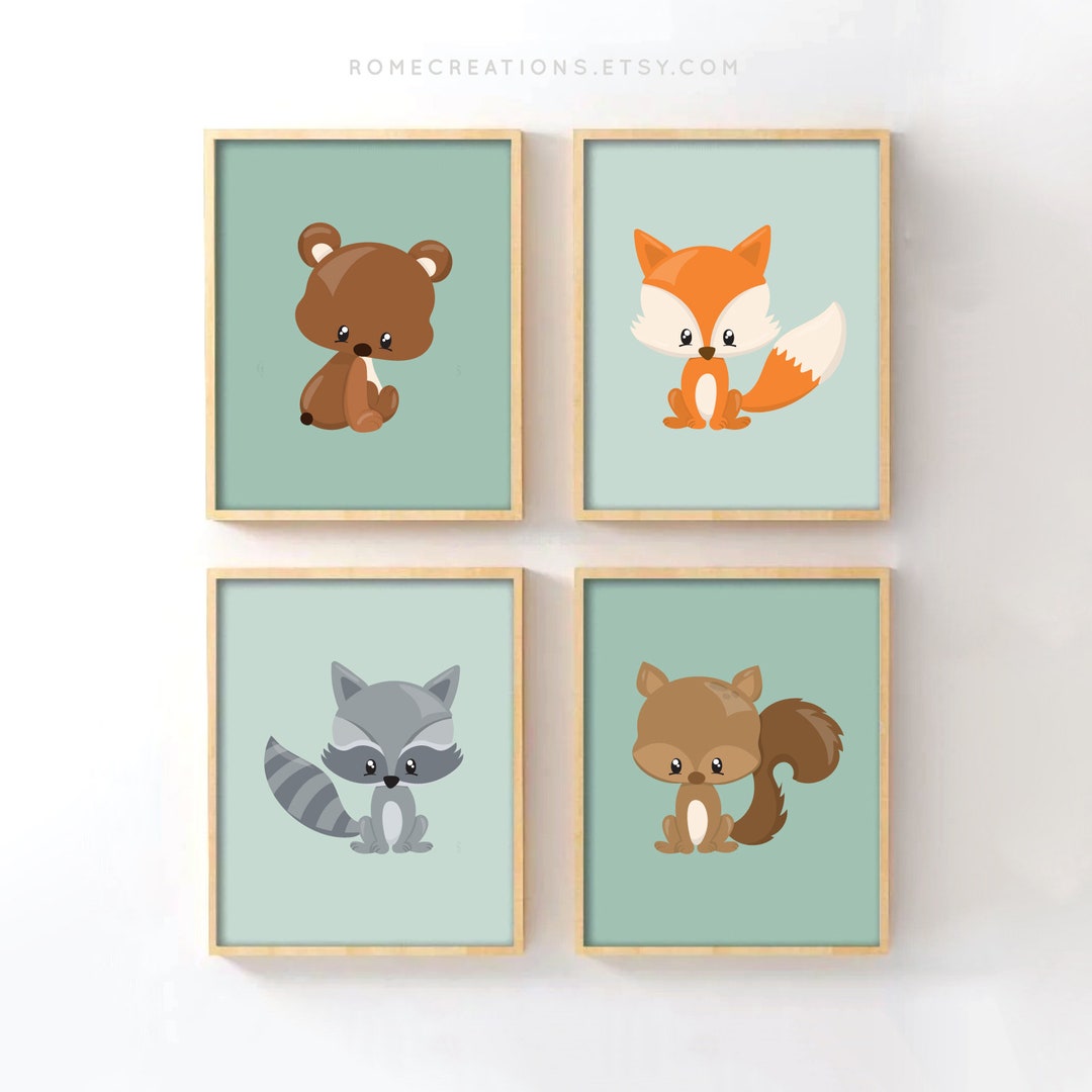 Woodland Nursery Wall Art Set of 4, Cute Forest Animal Prints for Baby ...