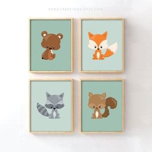 Woodland nursery wall art set of 4 cute forest animal prints bear fox raccoon squirrel for baby boy room