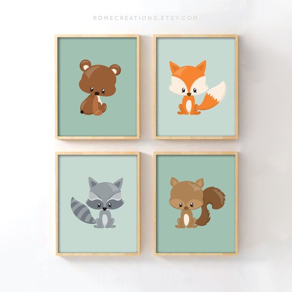 Woodland Nursery Wall Art Set of 4, Forest Animal Prints for Boys Room, Woodland Baby Decor, Cute Nursery Wall Art Gift for Kids