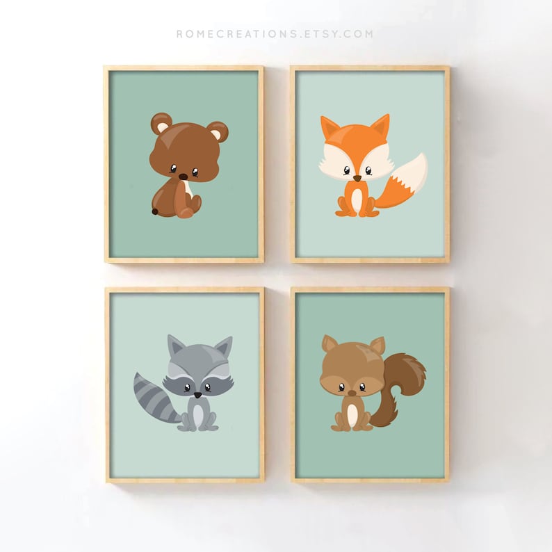 Woodland nursery wall art set of 4 cute forest animal prints bear fox raccoon squirrel for baby boy room