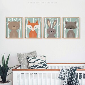 Fox nursery print with birch tree background from woodland set of 4 for baby boy room
