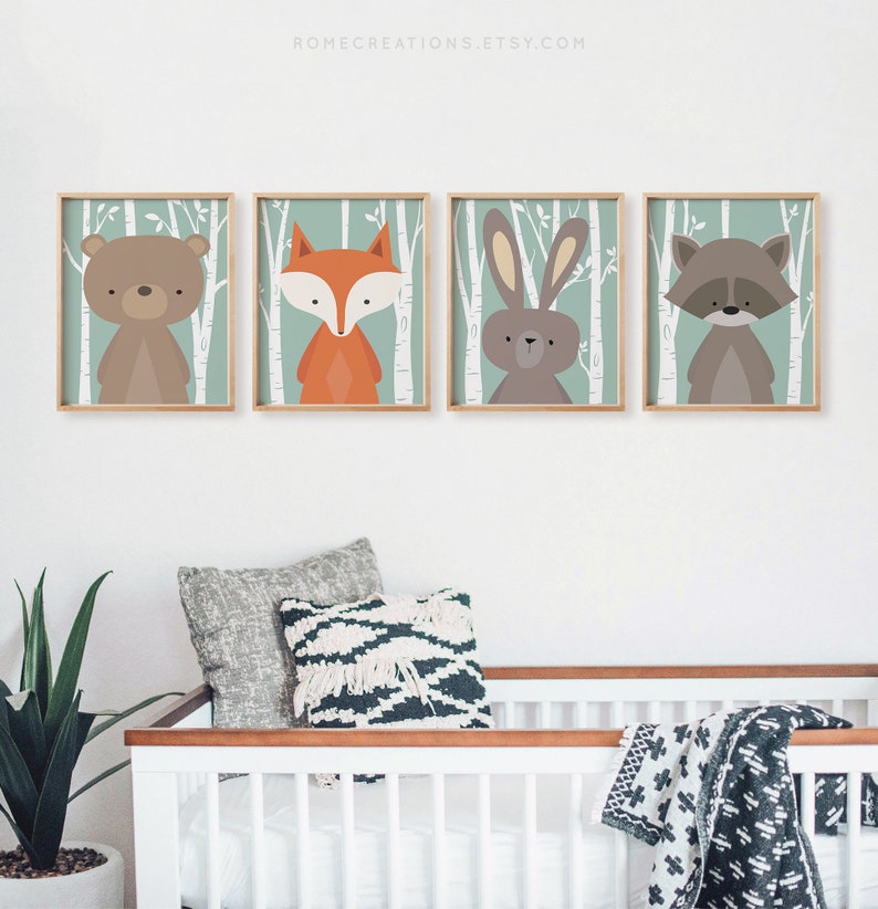 Fox nursery print with birch tree background from woodland set of 4 for baby boy room