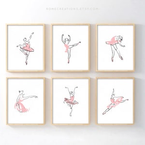 Set of 6 Ballerina Wall Art Prints, Pink Ballet Dancer Room Decor for Girls, Dance Studio or Nursery Wall Decor, Elegant Ballet Art
