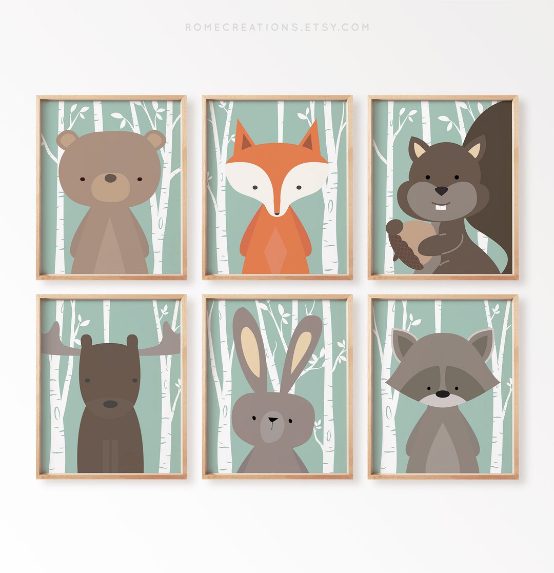 Woodland Nursery Wall Art Set of 6, Forest Animal Prints for Baby Room ...